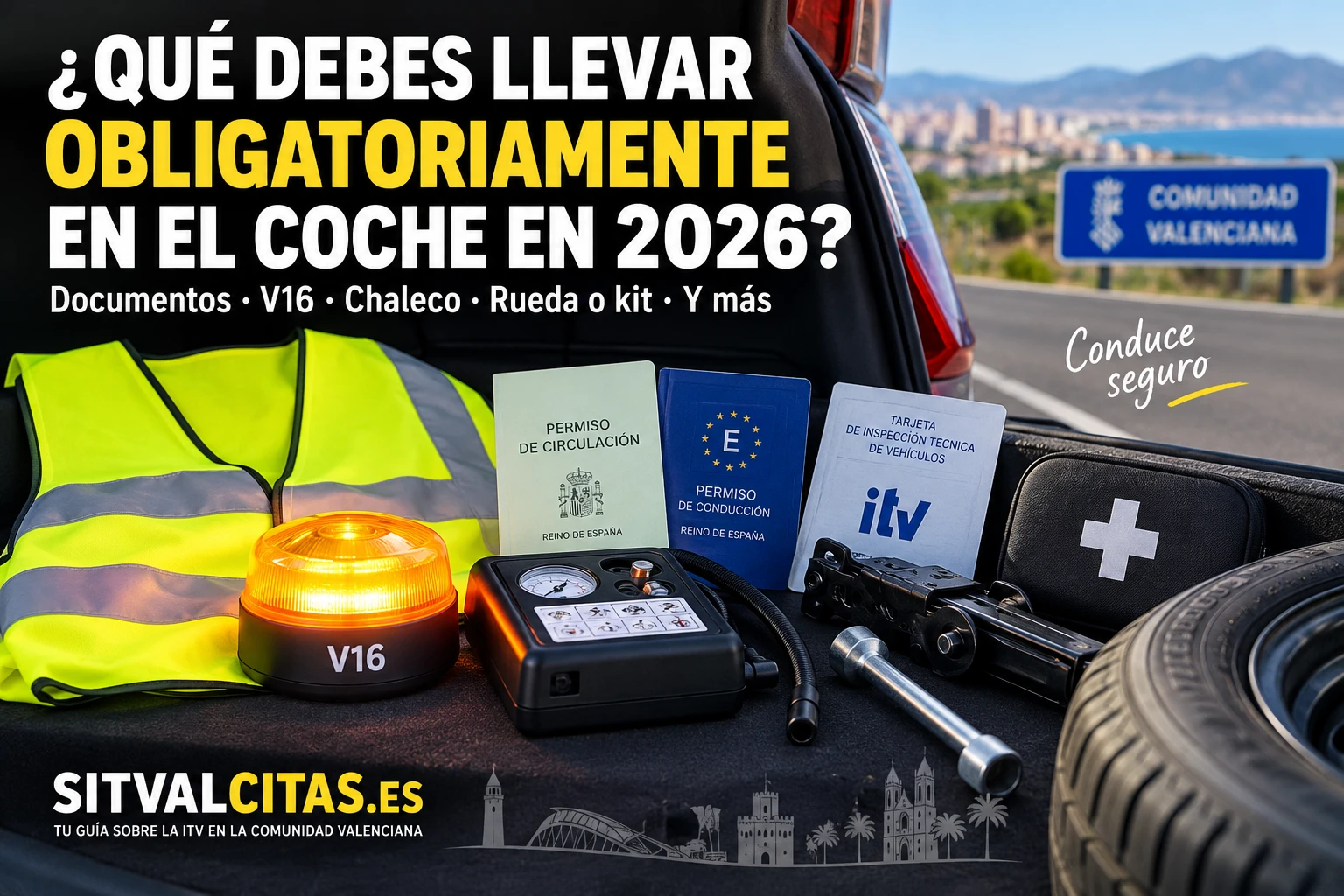 Elementos obligatorios para llevar en el coche en 2026, incluyendo baliza V16, chaleco y rueda de repuesto